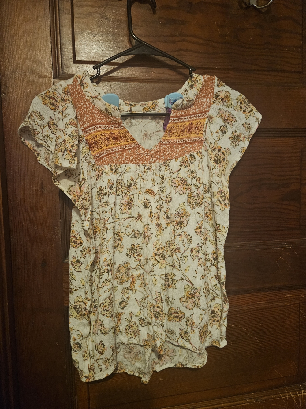 Women's Cream Floral Short-Sleeve Boho Top with Rust Yoke